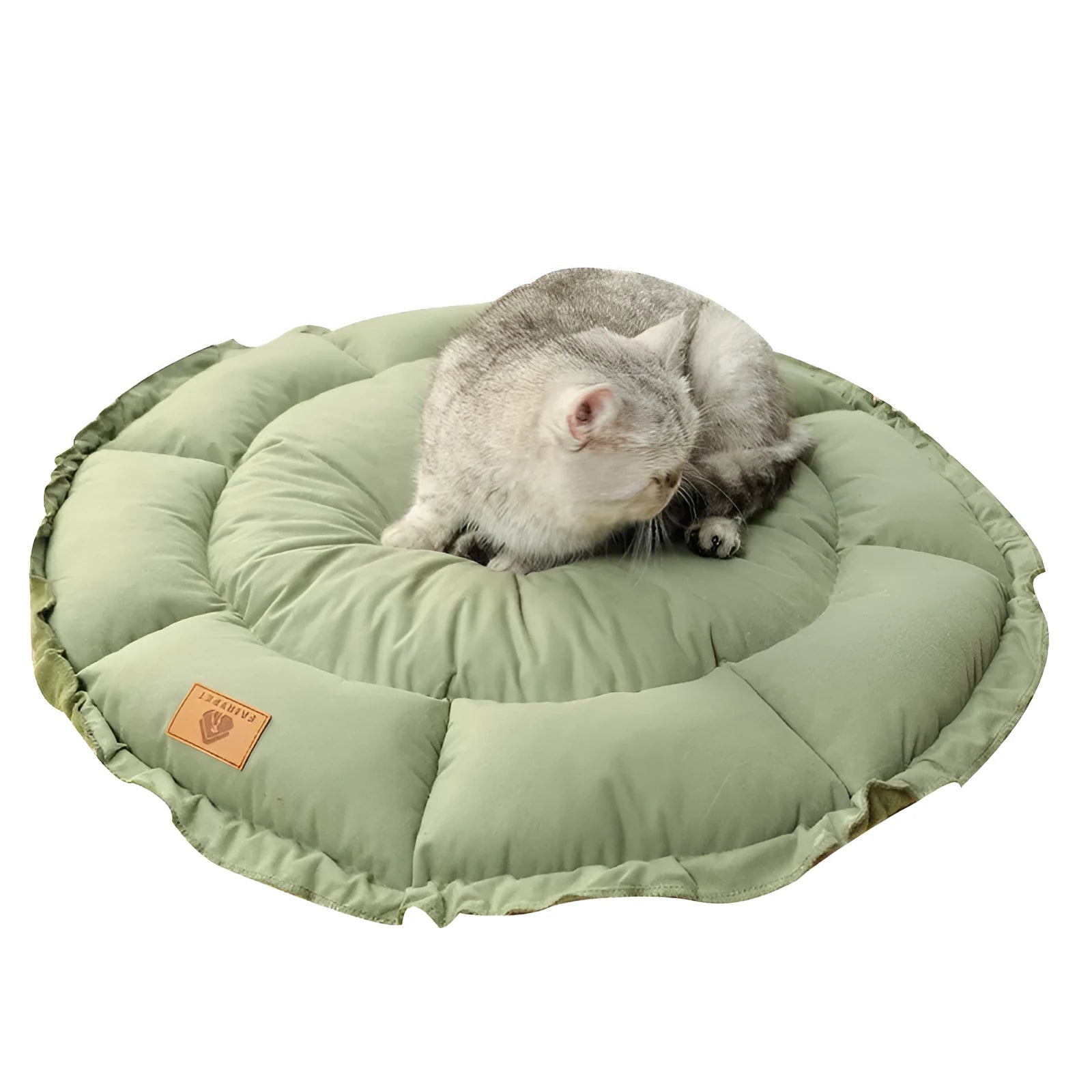 Grey and green reversible donut cat bed shown flat and in raised donut shape