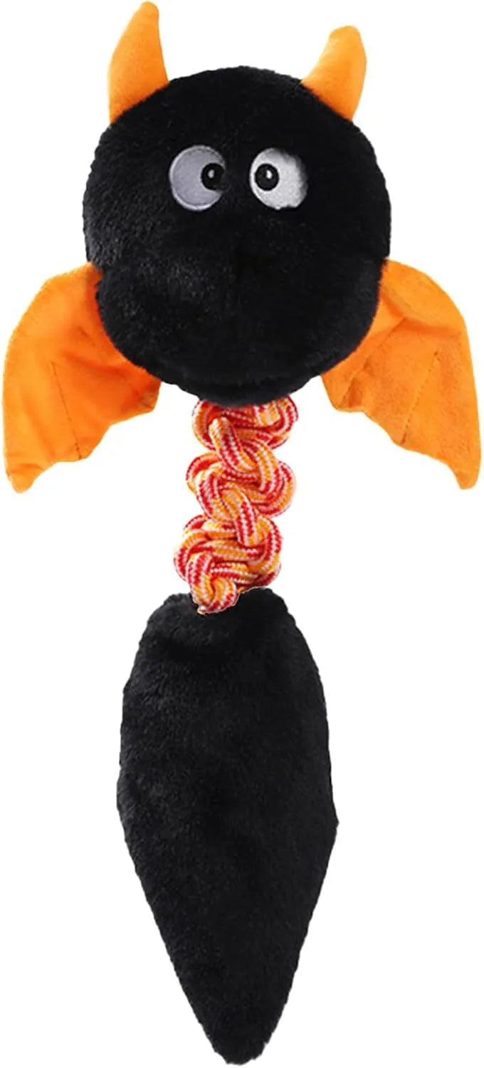 Large black plush dog toy with cartoon shape, rope knot, and squeaker for aggressive chewers.