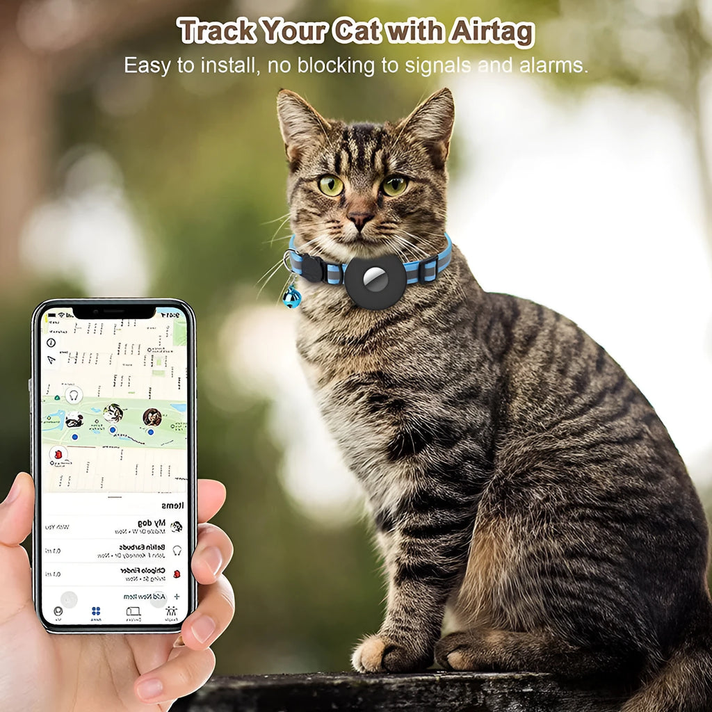 Reflective nylon Airtag collar with bell and safety buckle, adjustable 22-35 cm for cats and small dogs