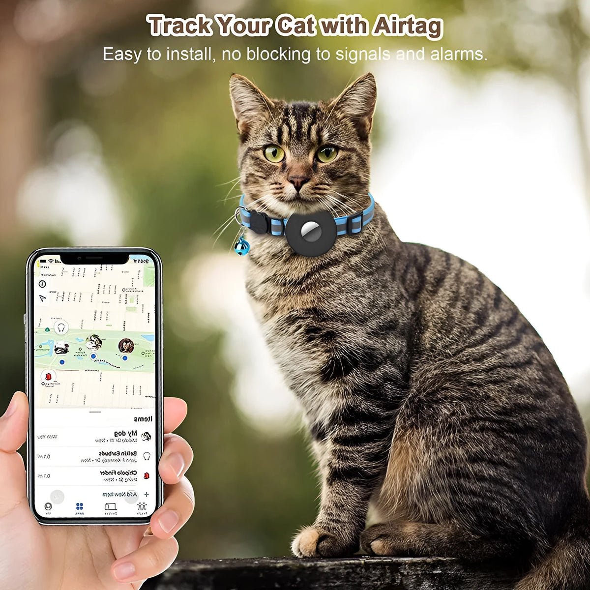 Reflective nylon Airtag collar with bell and safety buckle, adjustable 22-35 cm for cats and small dogs