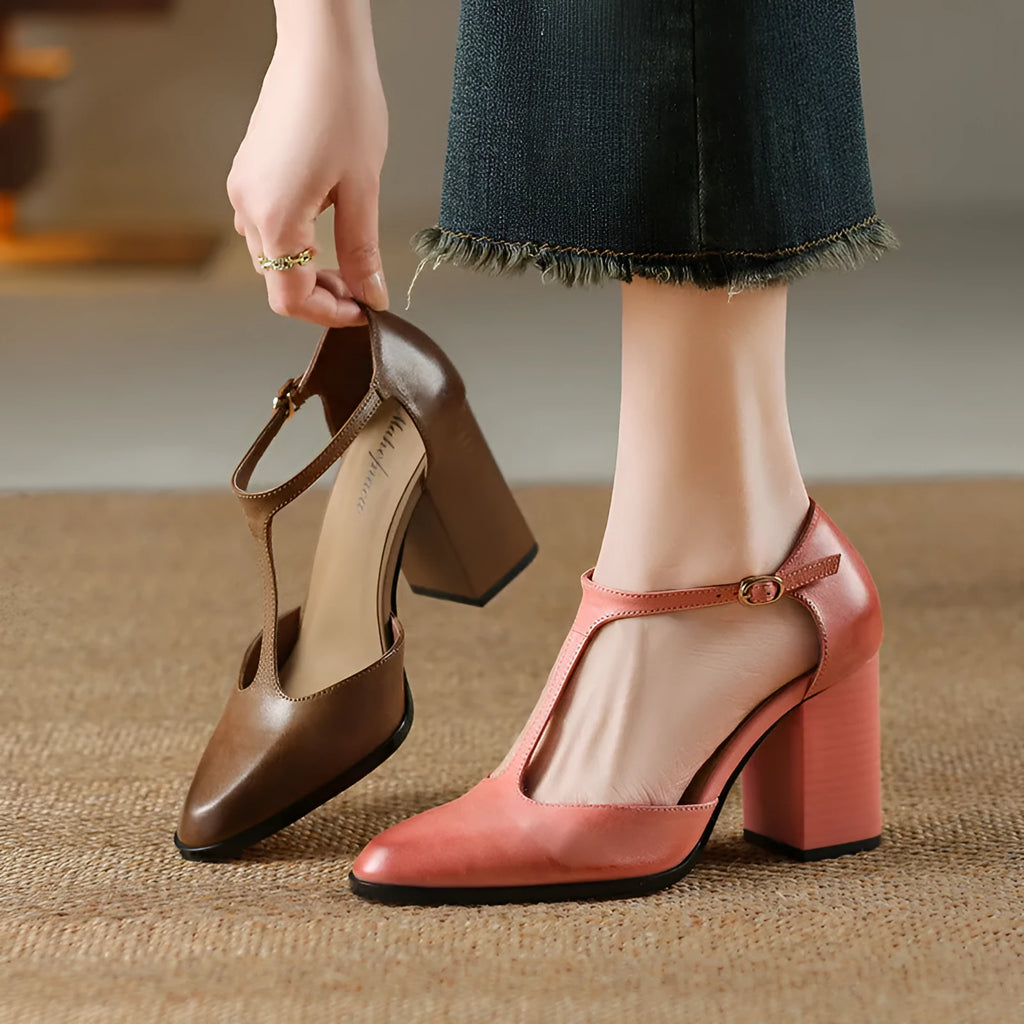 Baotou hollow women's shoes in pink and dark brown, showing pointed toe Mary Jane style with buckle.