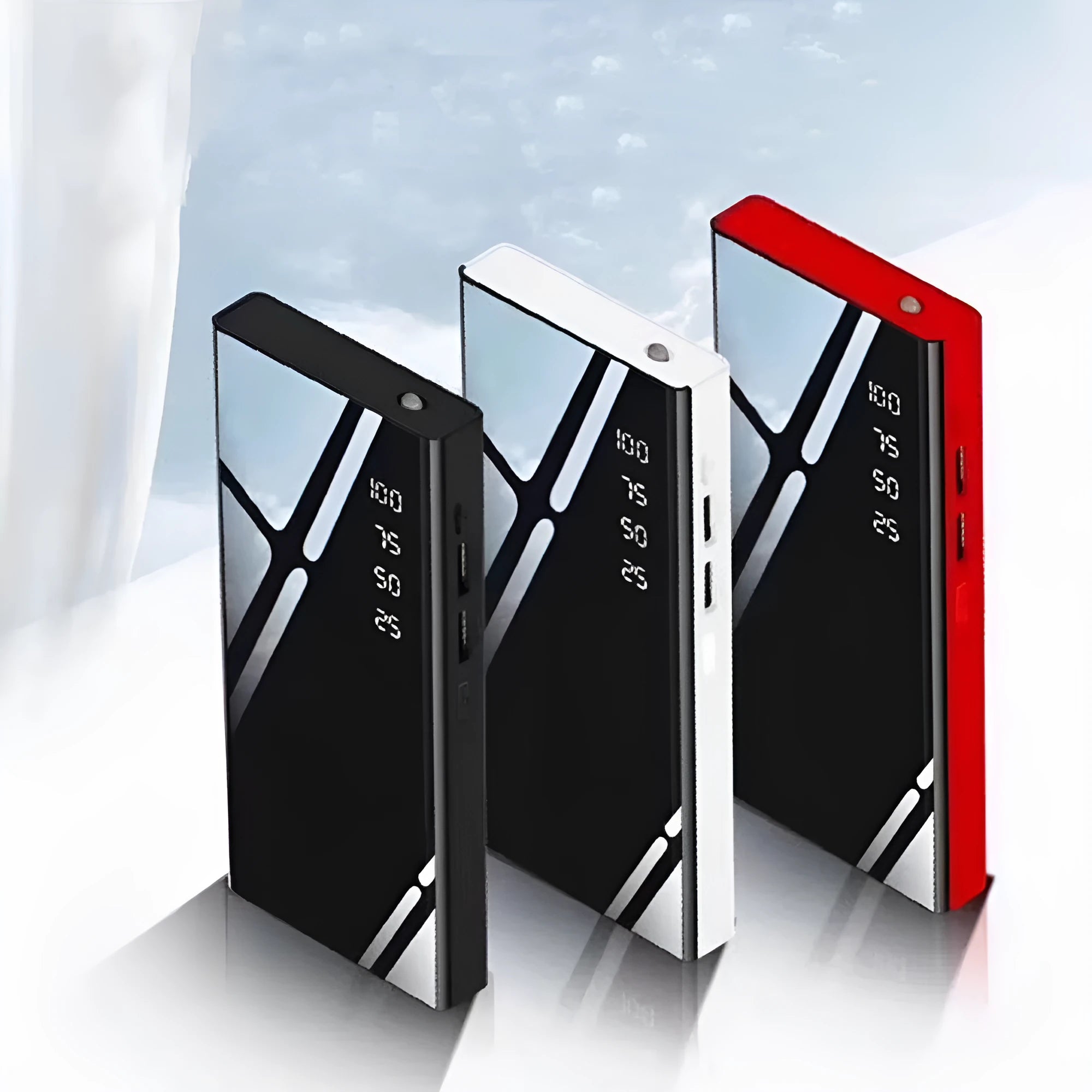 20000mAh portable power bank with LCD display and dual USB ports in black, red or white