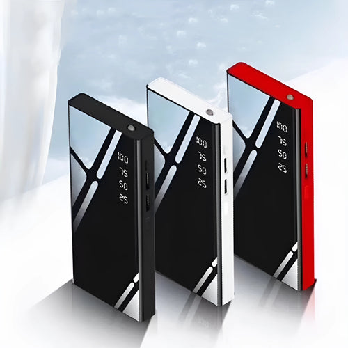20000mAh portable power bank with LCD display and dual USB ports in black, red or white