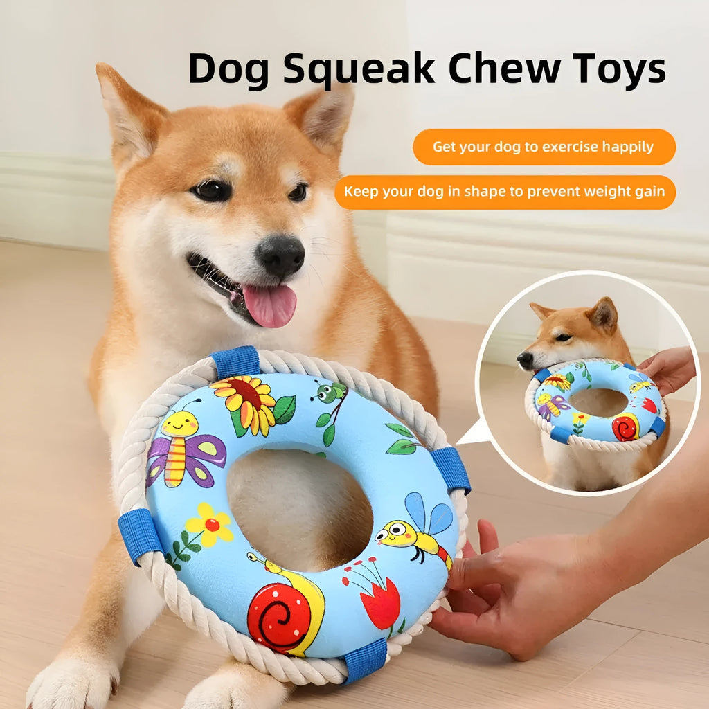 Blue dog pull ring made from soft plush with squeaker, 25cm diameter