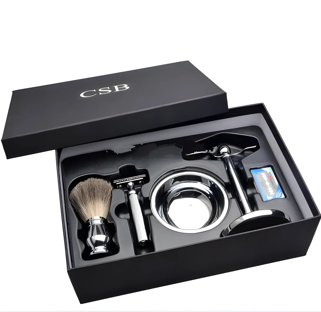 CSB traditional men's shaving kit with badger hair brush, safety razor, chrome stand, soap bowl and blades