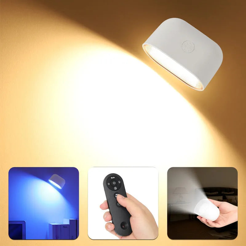 Oval-shaped remote touch magnetic wall lamp with colour changing LEDs on a magnetic mount.