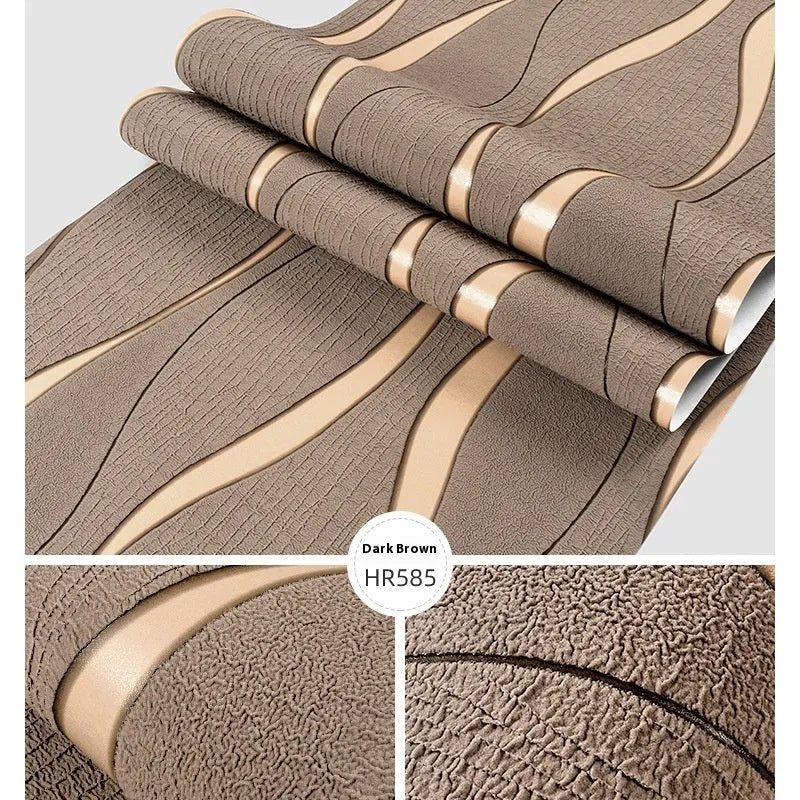 Curve stripe 3D background wallpaper roll in light grey and dark brown deerskin velvet finish.