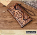 Women's tri-fold leather wallet with Chinese embossed floral pattern in retro brown colour