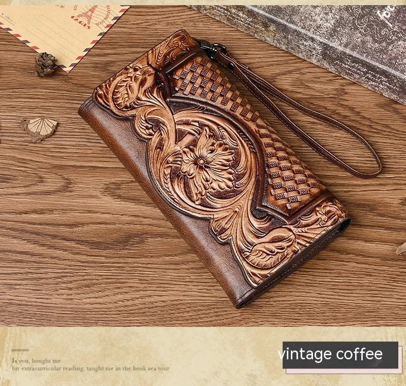 Women's tri-fold leather wallet with Chinese embossed floral pattern in retro brown colour