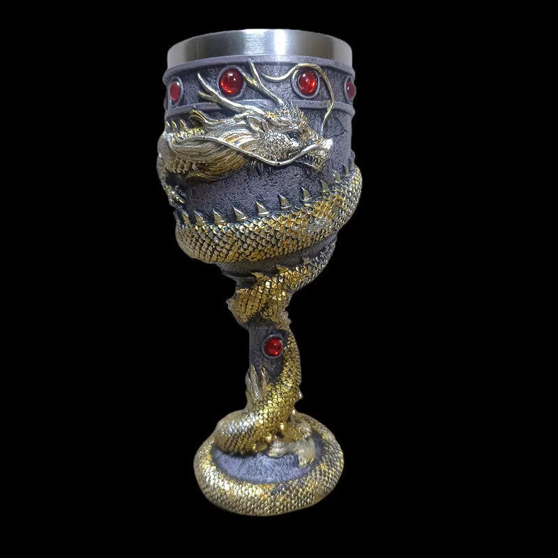 Stainless steel red wine glass with 3D Chinese dragon design in gold colour