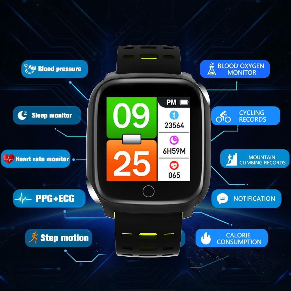 F16 Smart Watch with ECG monitoring on a silicone wristband in black, grey, green or red colour options.