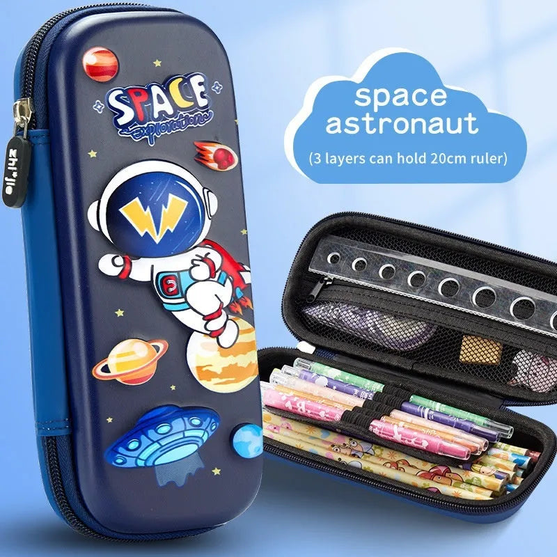 3D leather pencil case with embossed astronaut rocket pattern on surface