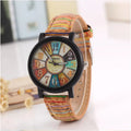 Women's vintage leather quartz watch with round 37mm dial and stainless steel buckle
