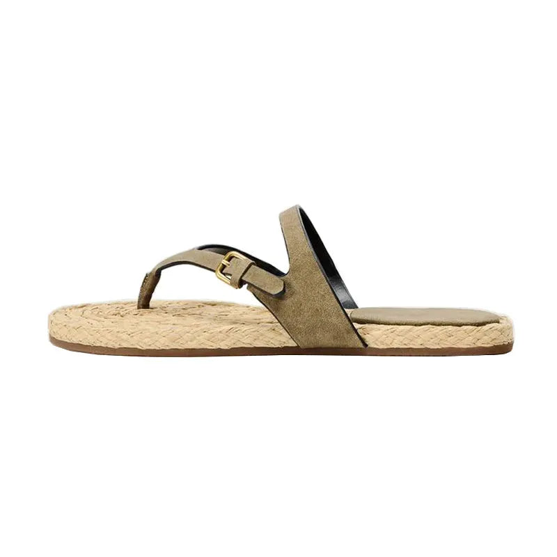 Women's woven flip-flops with microfiber leather upper and rubber sole in Light Green