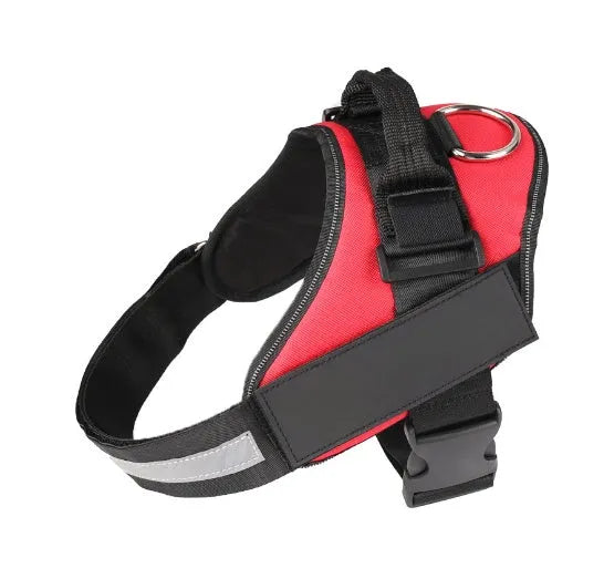 Adjustable dog harness with mesh padded vest in black, showing D-ring, handle, and reflective straps for outdoor training.