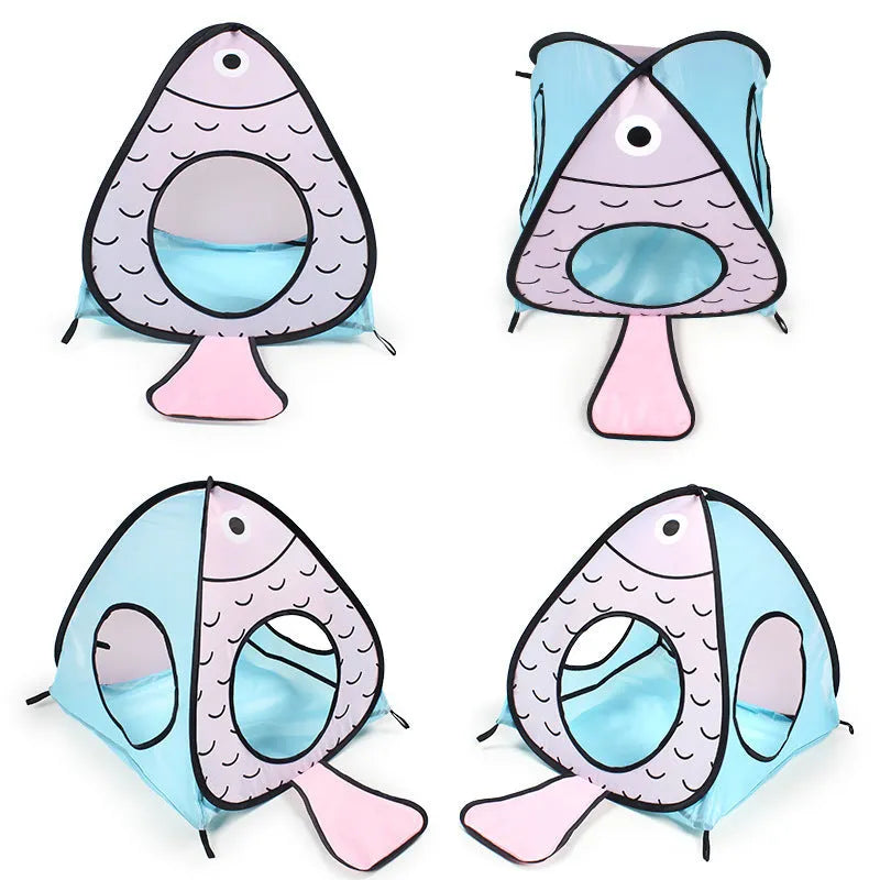 Foldable pet tent and tunnel set for cats in a cat and fish print design.