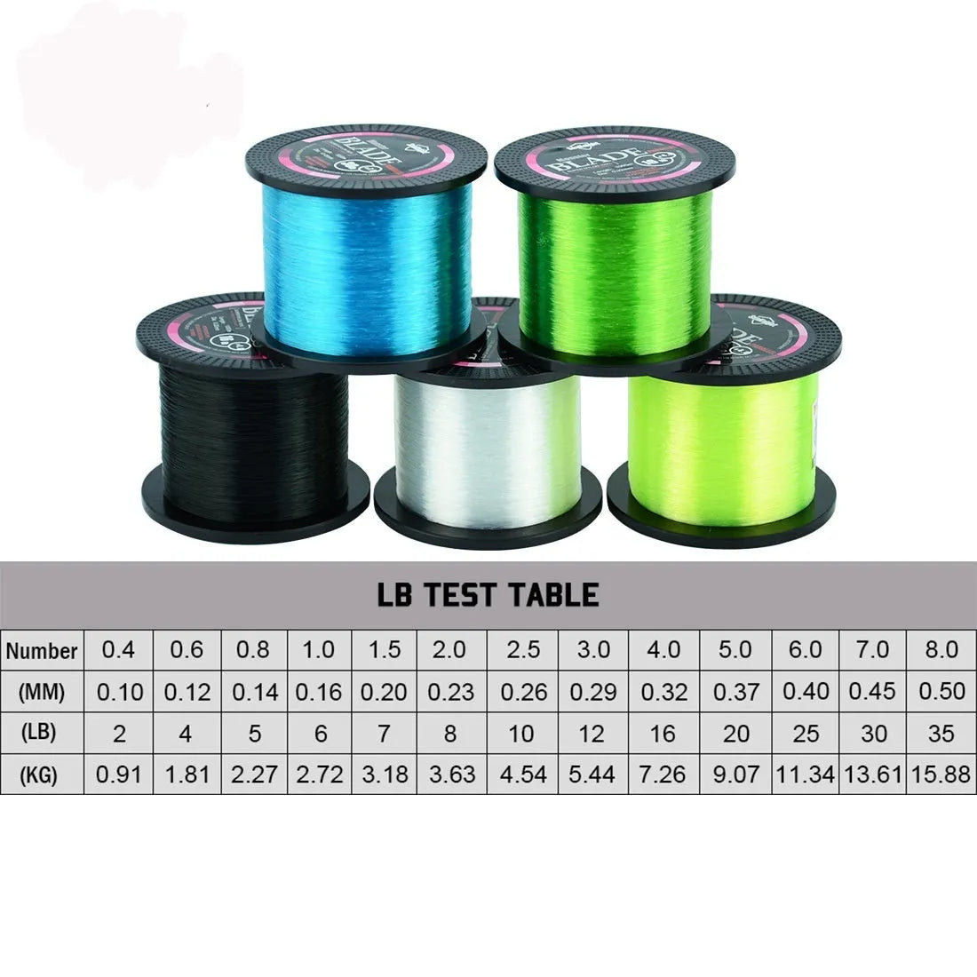Seaknight 1000 M nylon fishing line spool in multiple colour options showing diameter sizes from 0.4 to 8.0