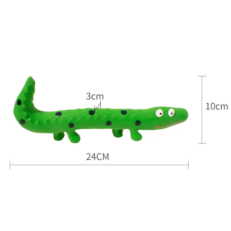 Green lizard-shaped dog chew toy with squeaker on a white background.