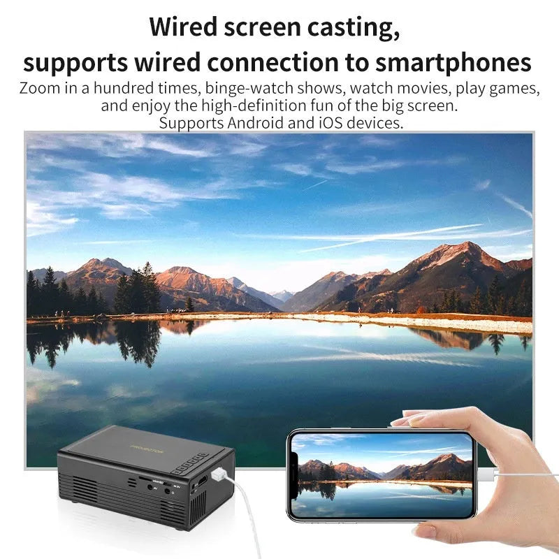 Black and white portable mini projector with lens and connection port for wired mobile phone screen mirroring.