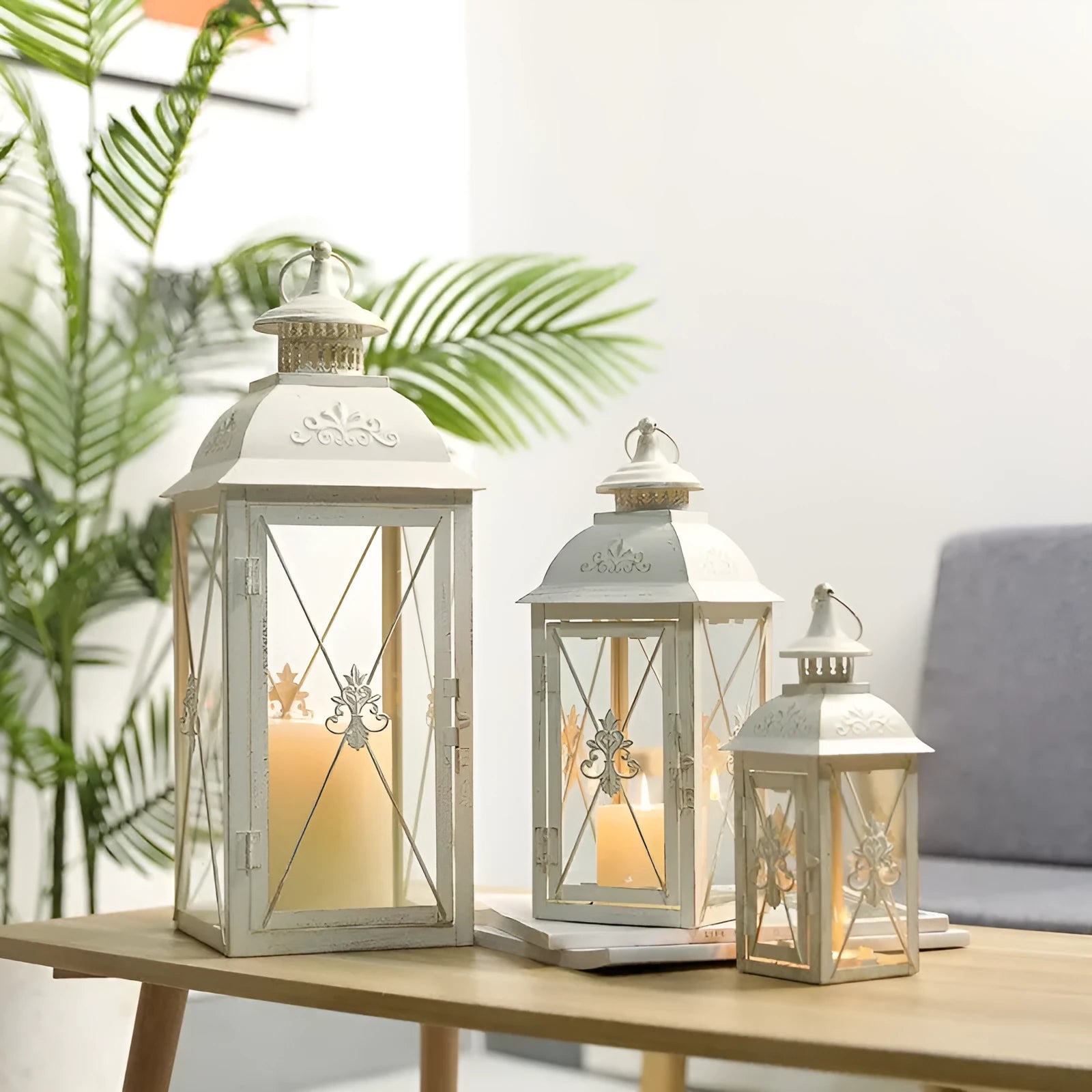 European wrought iron floor-standing storm lantern with tempered glass in black or white gold brush finish