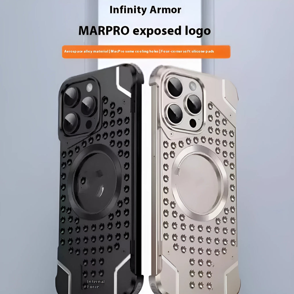 Borderless aluminium alloy phone case with hollow back and magnetic suction for iPhone 15 Pro Max, in grey colour