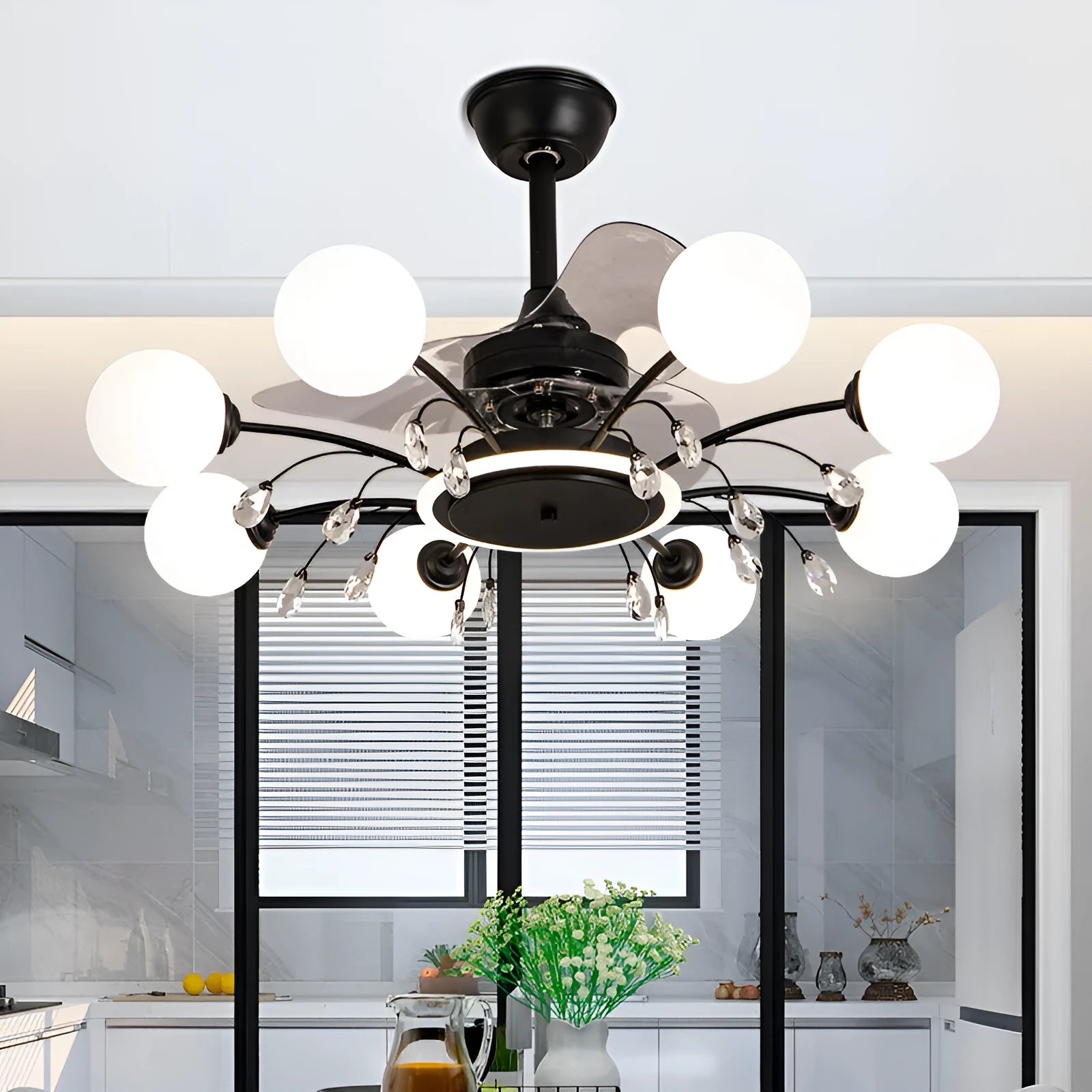 Ceiling fan lamp chandelier with metal blades and acrylic lampshade in living room setting