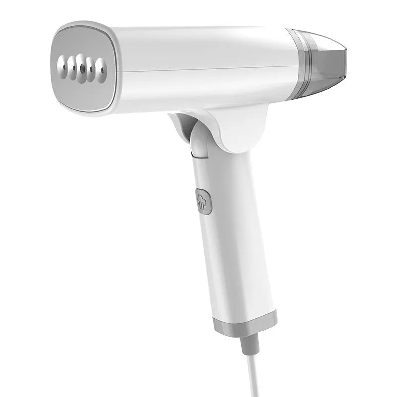 Blue and white handheld garment steamer with steam iron function, showing compact size and water tank
