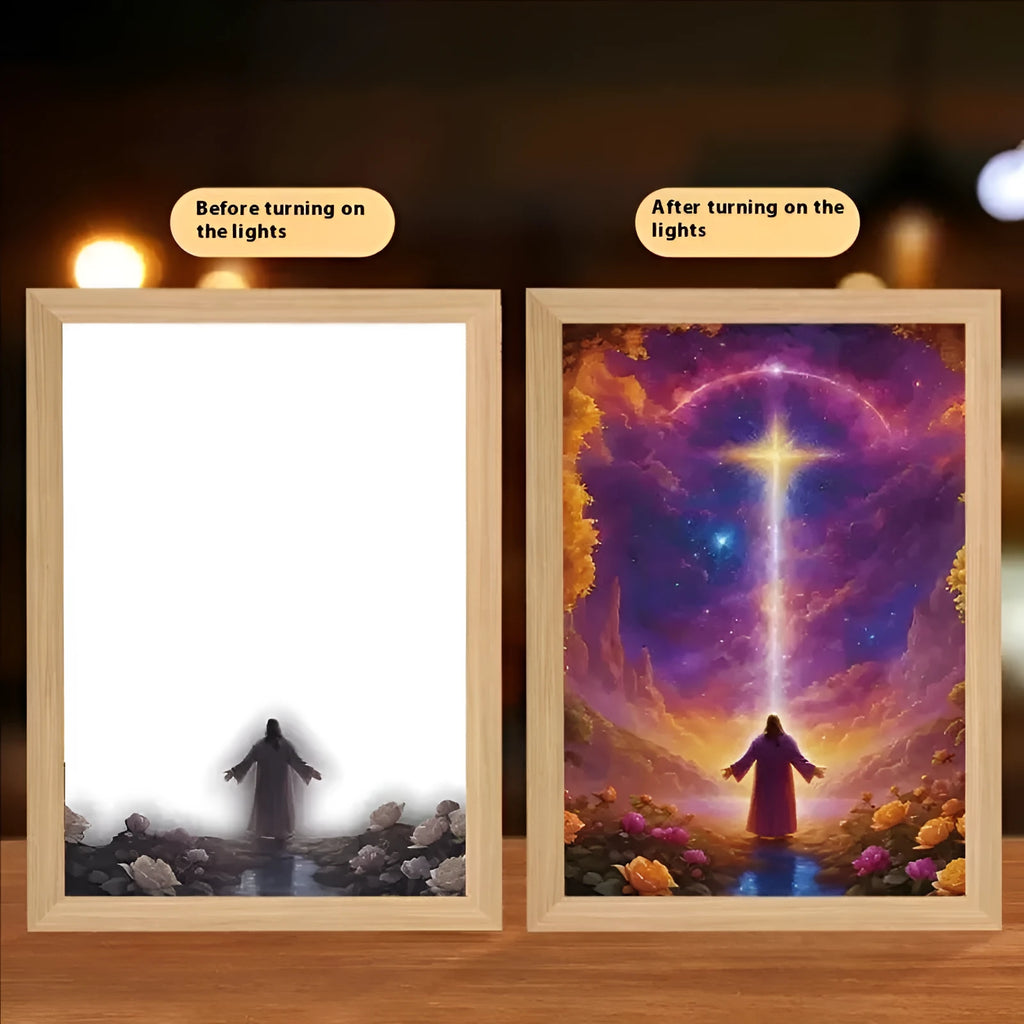 Modern rectangular LED light painting photo frame displaying Garden scene artwork