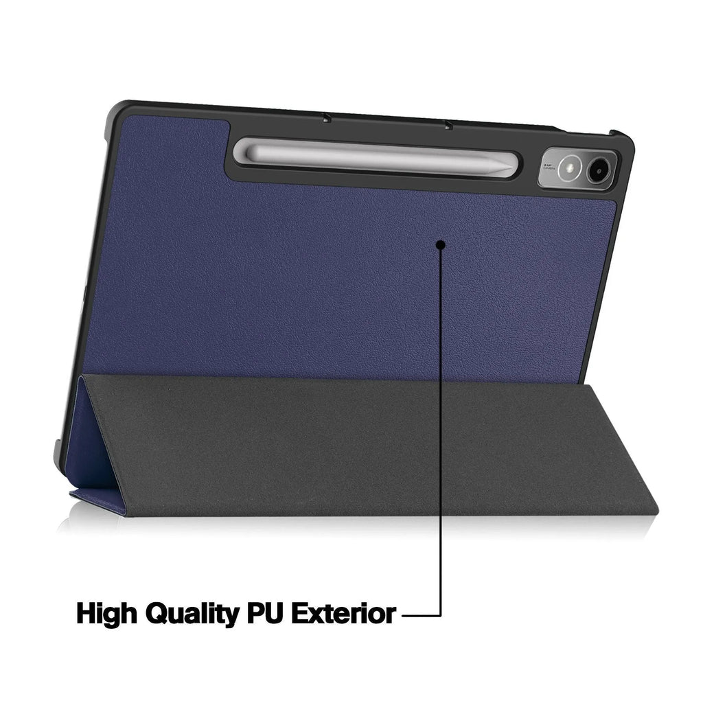 Lenovo Tab P12 tablet case showing three-fold design with bracket and magnetic closure in decorative colour options