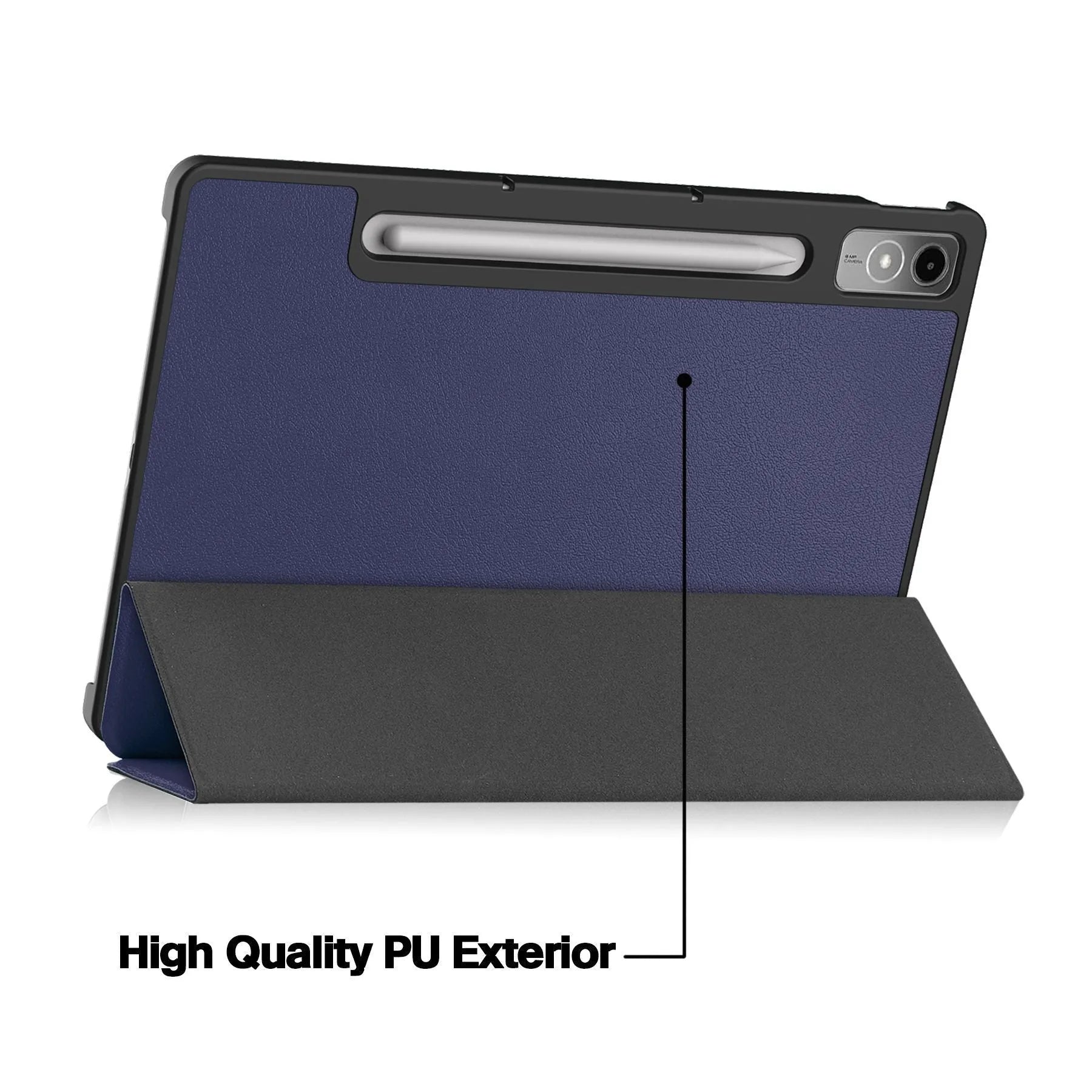 Lenovo Tab P12 tablet case showing three-fold design with bracket and magnetic closure in decorative colour options