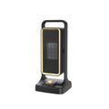 Black PTC ceramic desktop air heater with knob control showing EU UK US plug options
