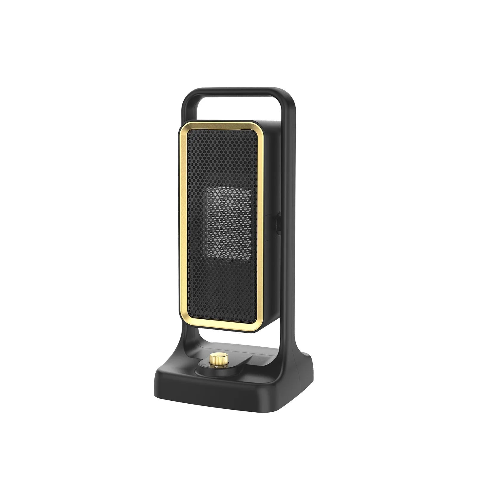 Black PTC ceramic desktop air heater with knob control showing EU UK US plug options