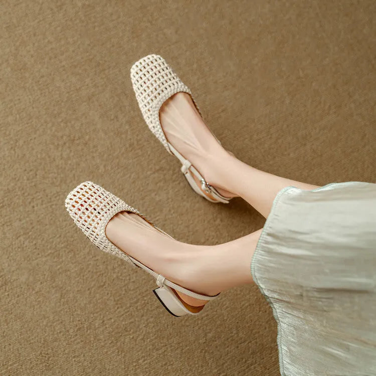 Women's beige woven hollow-out sandals with closed toe, buckle, and chunky 4cm heel on a rubber sole.