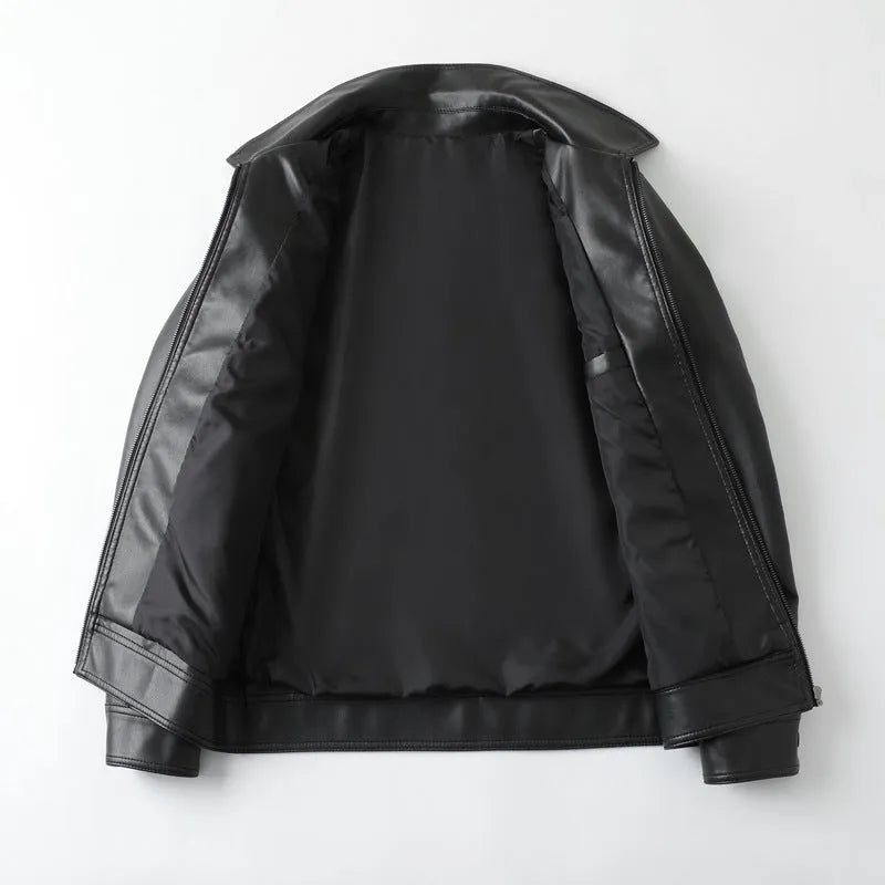 Black men's loose-fit PU leather jacket with zip and pockets on a mannequin