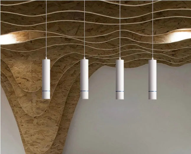 LED chandelier macaron spotlight with aluminium body, 60mm diameter, black finish, on ceiling with hanging wire