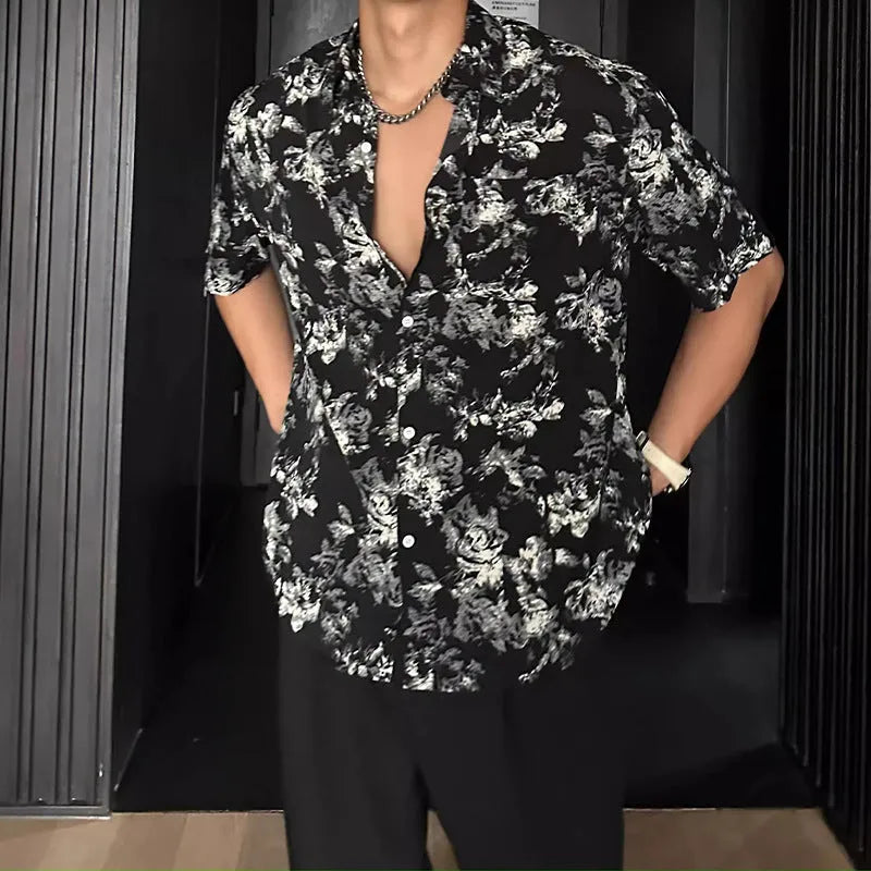 Men's black floral print short sleeve casual shirt with a loose fit and V-neck.