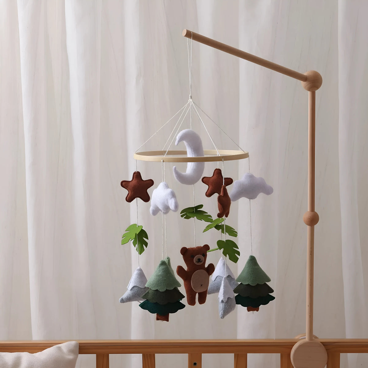 Handmade felt teddy bear bed bell for children, white colour, wood and felt construction, hanging with string