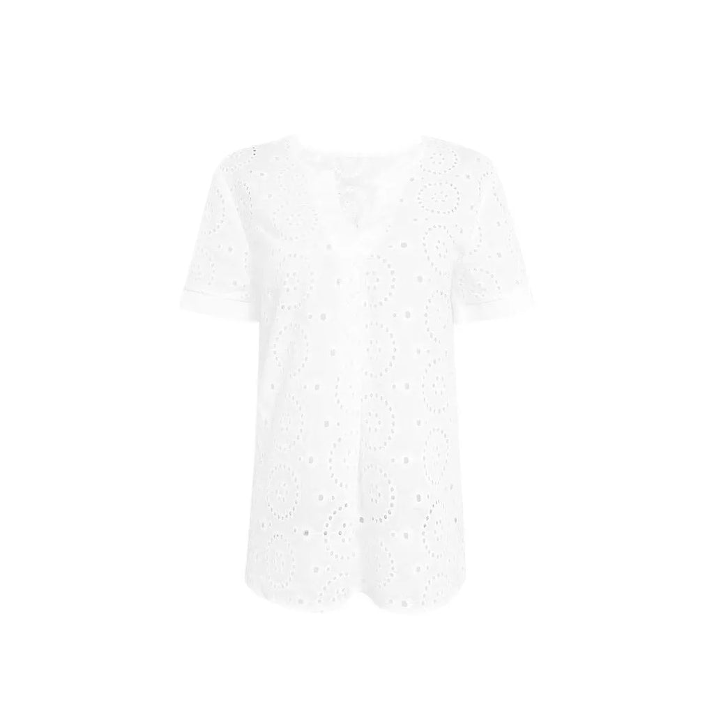 White V-neck T-shirt with hollow out detailing in loose French style design