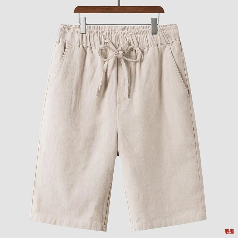 Men's linen shorts loose cropped pants mid waist summer lightweight breathable fabric