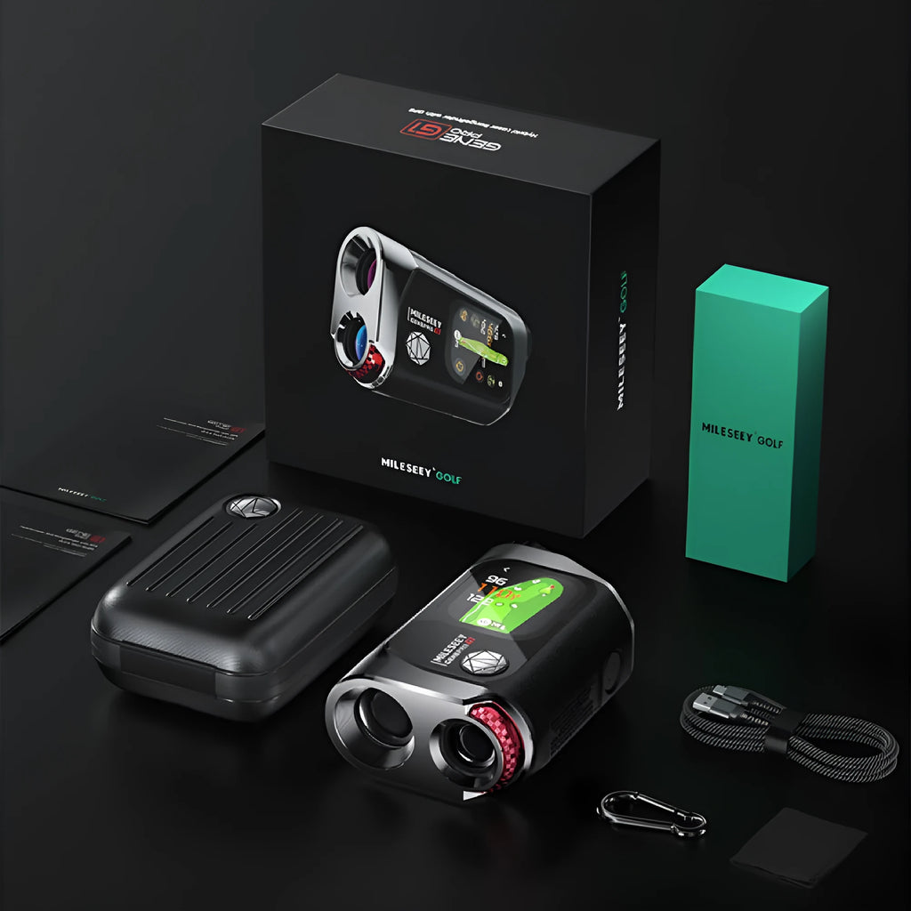 Black GPS rangefinder with AMOLED touch screen display showing distance measurement interface