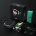 Black GPS rangefinder with AMOLED touch screen display showing distance measurement interface