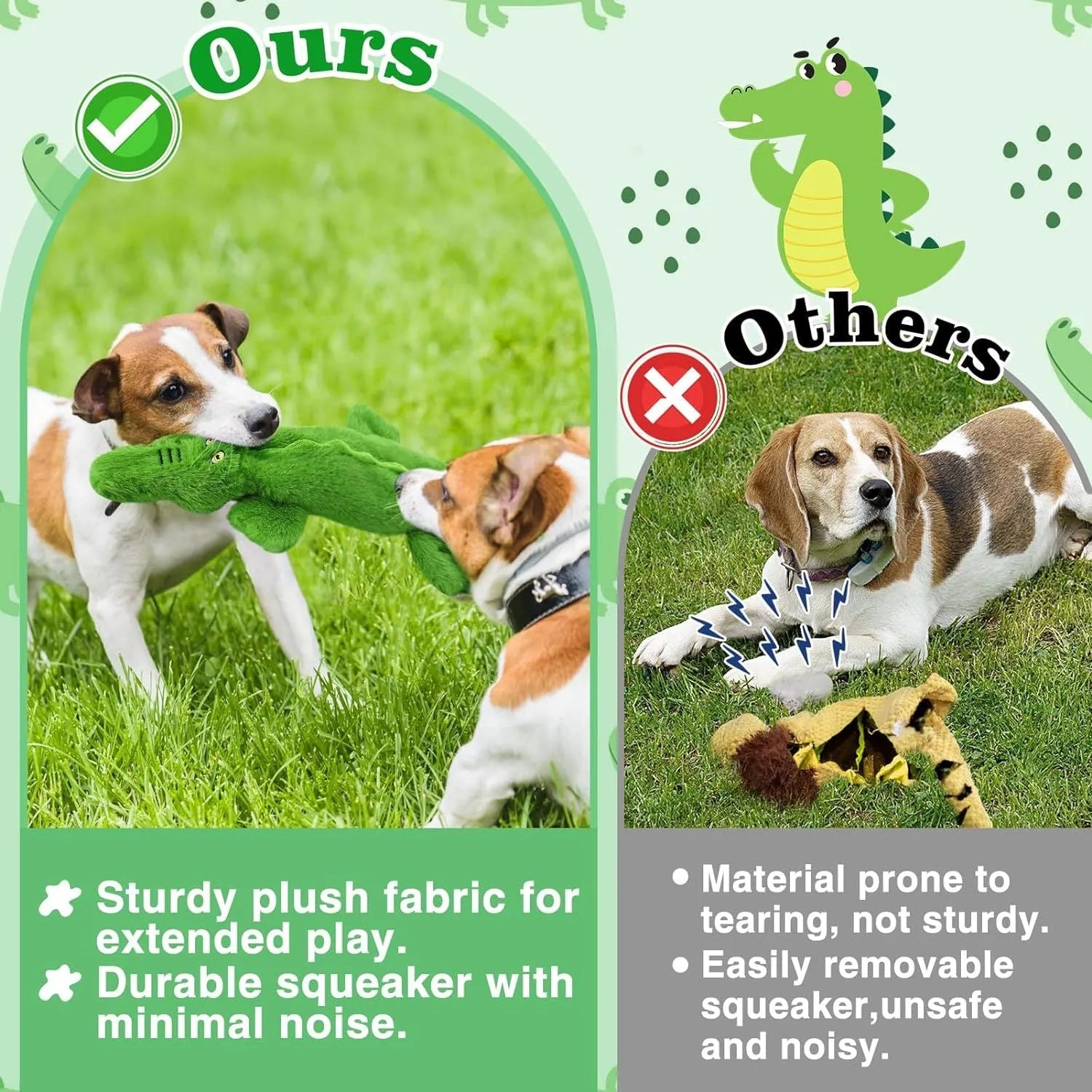 Green crocodile-shaped squeaky dog toy with crinkle paper tail for aggressive chewers