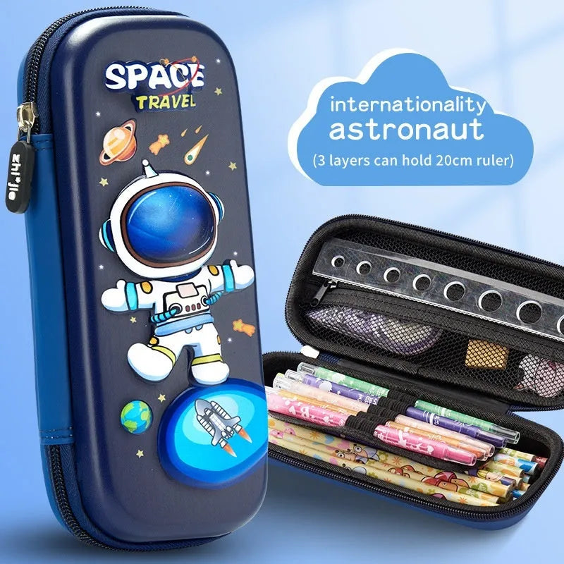 3D leather pencil case with embossed astronaut rocket pattern on surface