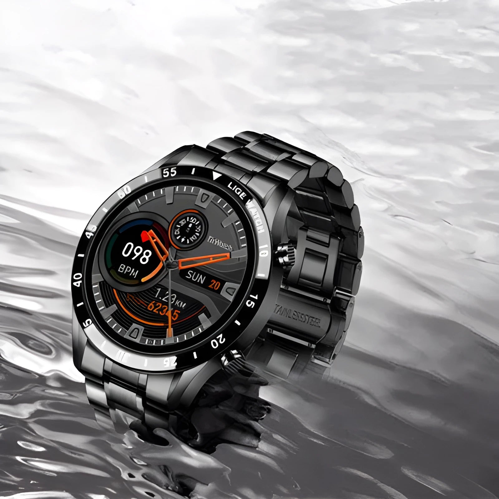 Smart watch with stainless steel wristband and 1.3-inch touch screen displaying step counter