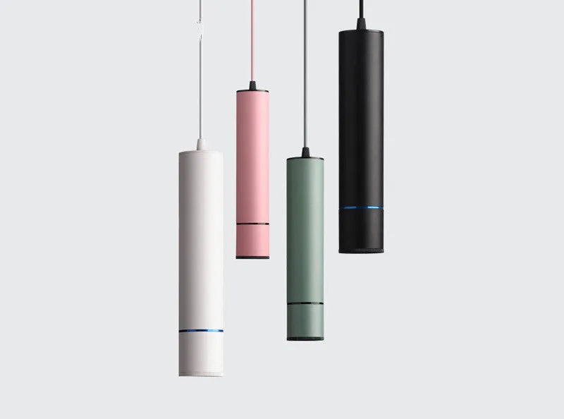 LED chandelier macaron spotlight with aluminium body, 60mm diameter, black finish, on ceiling with hanging wire