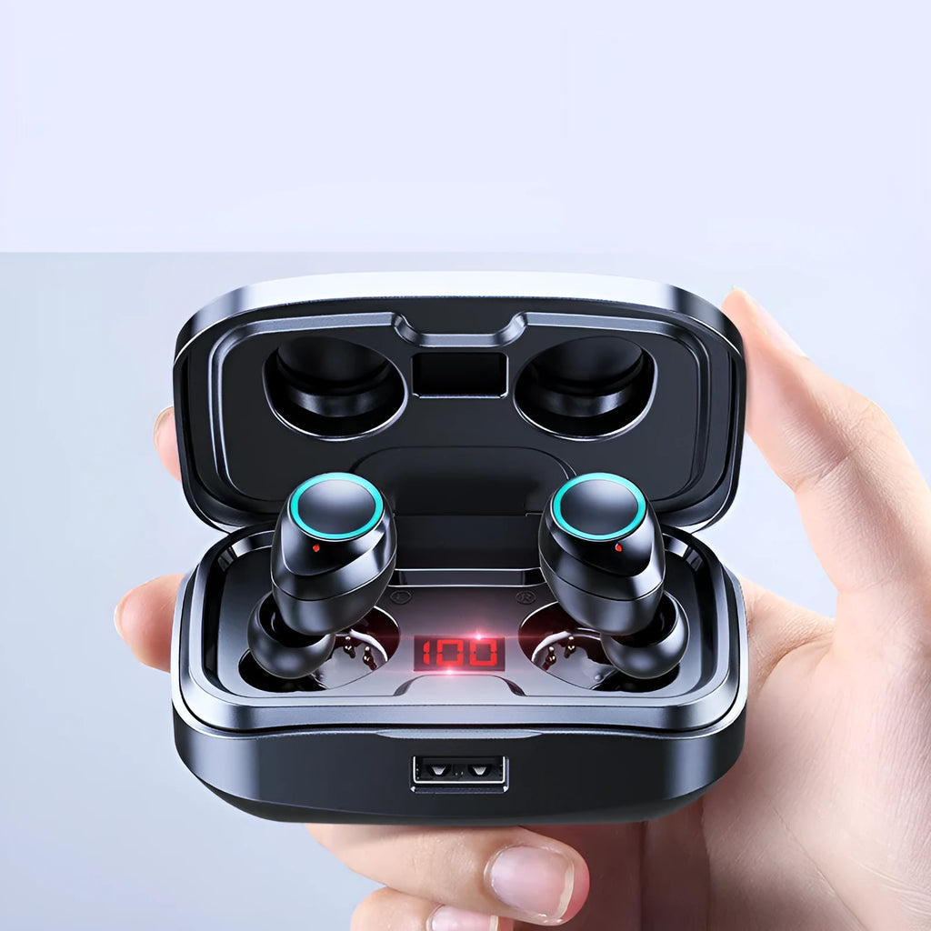 Wireless Bluetooth 5.0 earphones in black, blue, and red colours showing in-ear private mold design