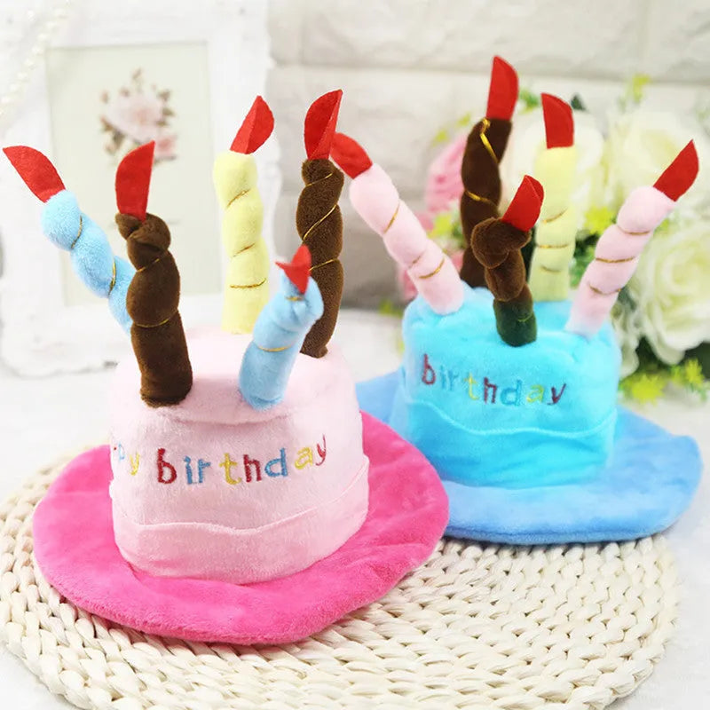 Blue dog birthday hat with elastic chin strap for pet party celebrations