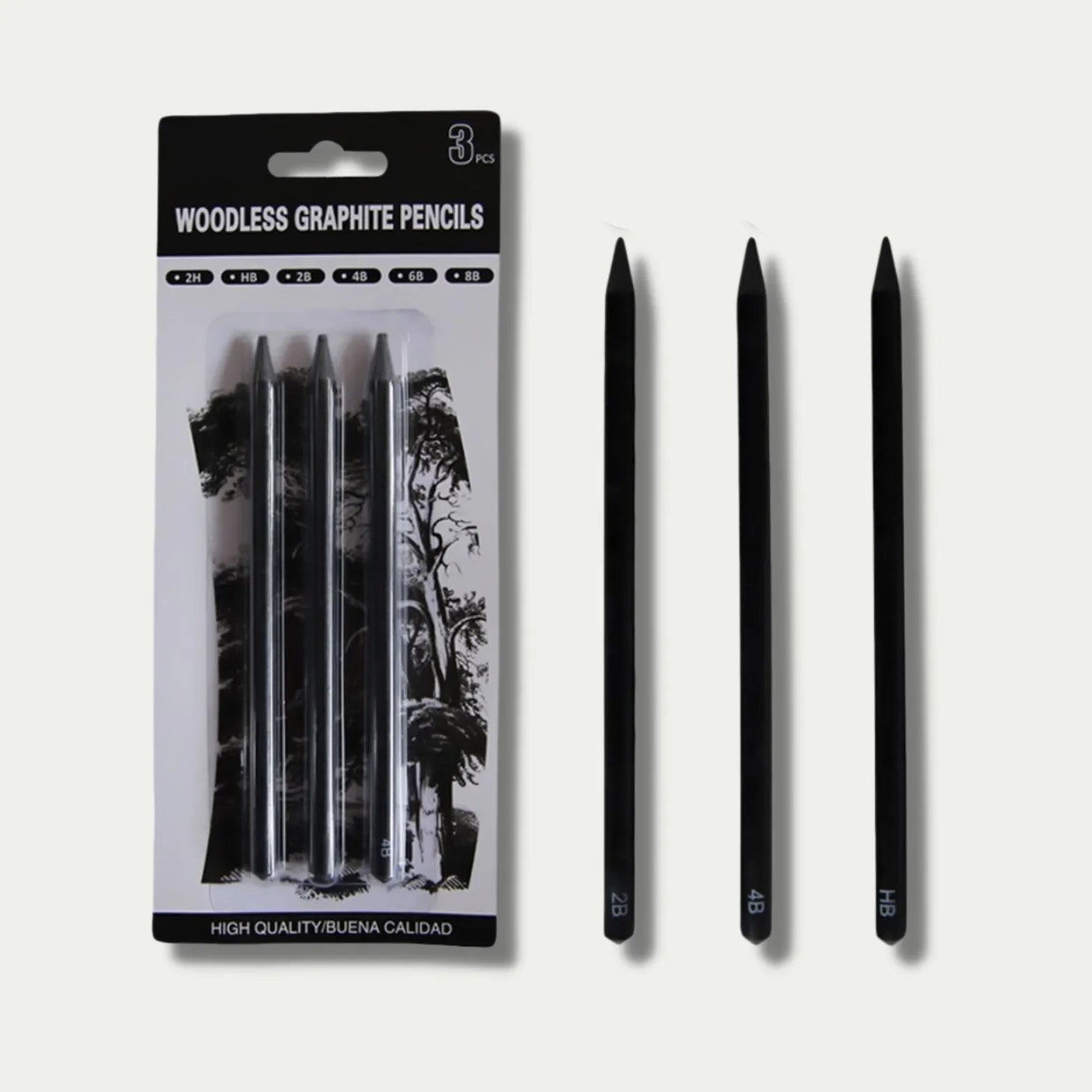 Wood-free graphite sketching pencil set showing six different grade pencils for art drawing