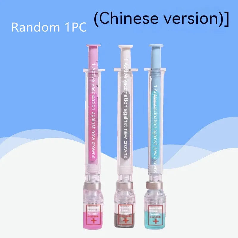 Vaccine themed gel pen with plastic cap, black 0.5mm refill, showing 15.7cm length.