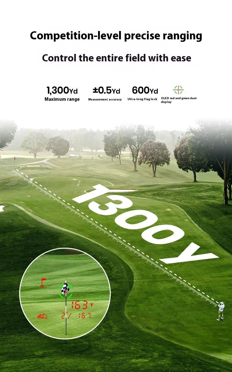 Black GPS rangefinder with AMOLED touch screen display showing distance measurement interface